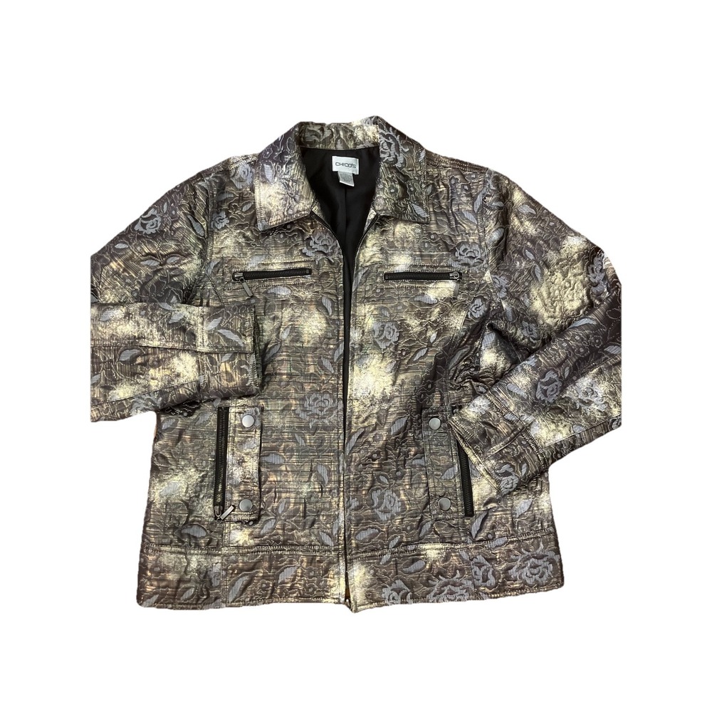 Chicos Jacket Blazer Floral Brocade Size 2-L Gold Metallic Granny Core